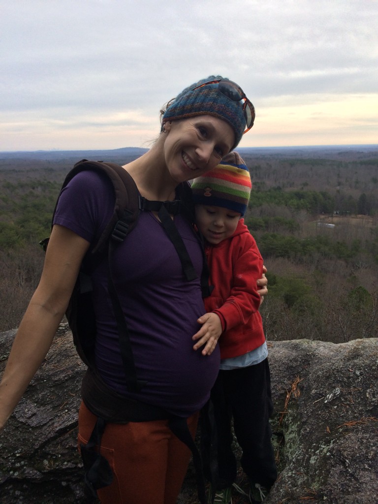 Mommy, C, and baby Z on a hike at 30 weeks