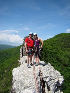 Enjoying the view from the exposed South Peak Summit at Seneca Rocks, West Virginia